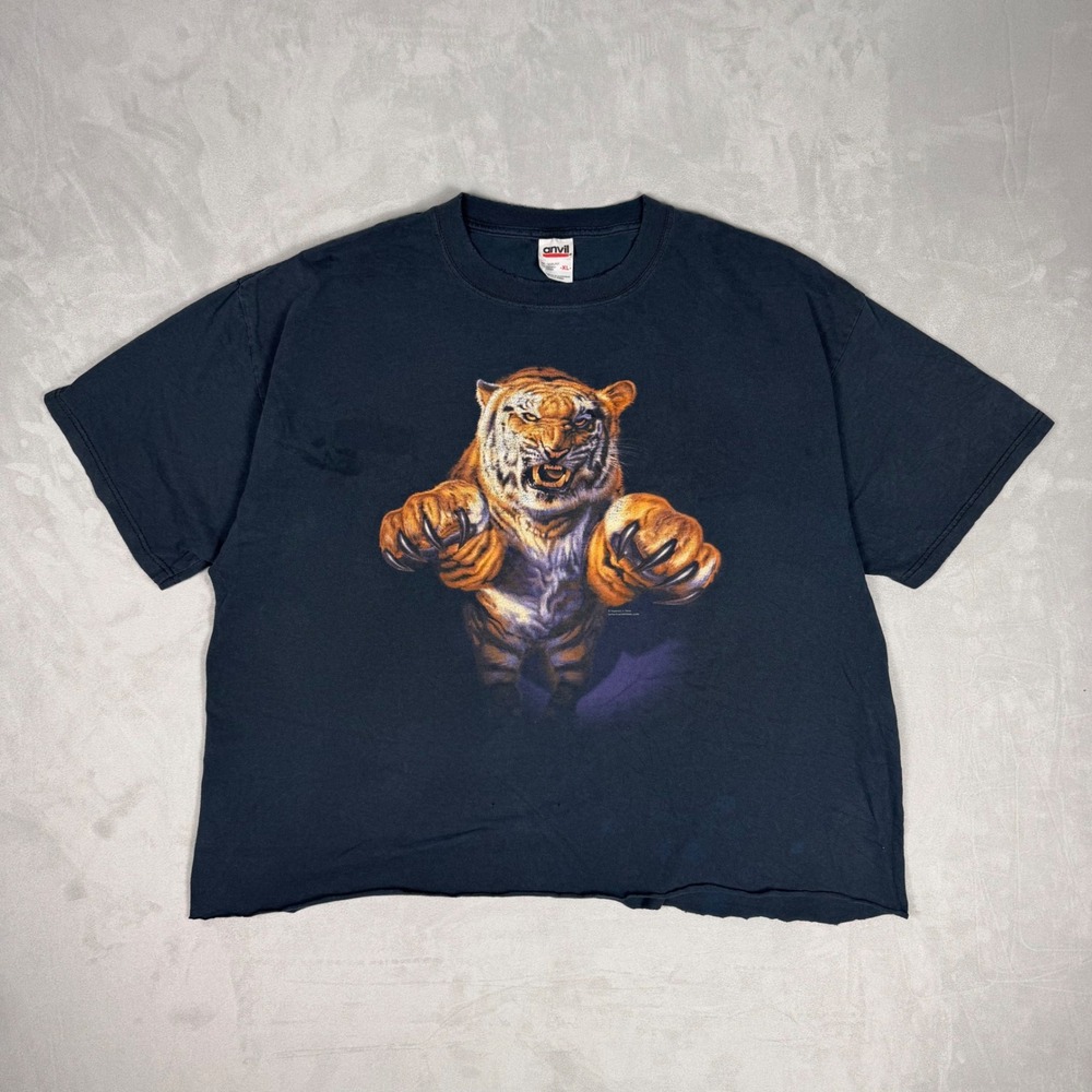 90s Mens Human-i-Tees Tiger Graphic Boxy Cropped T-Shirt XL